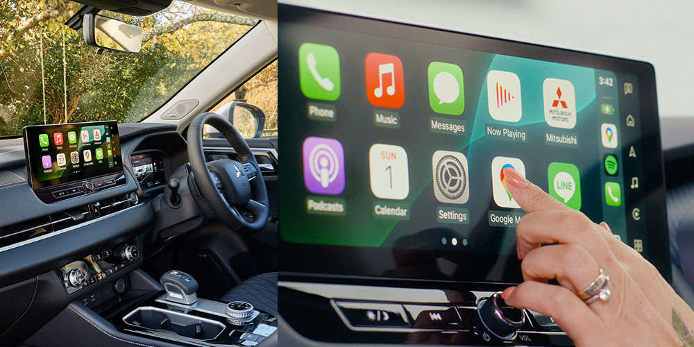 Infotainment screen in an Outlander and close up view of a womans hand using the screen