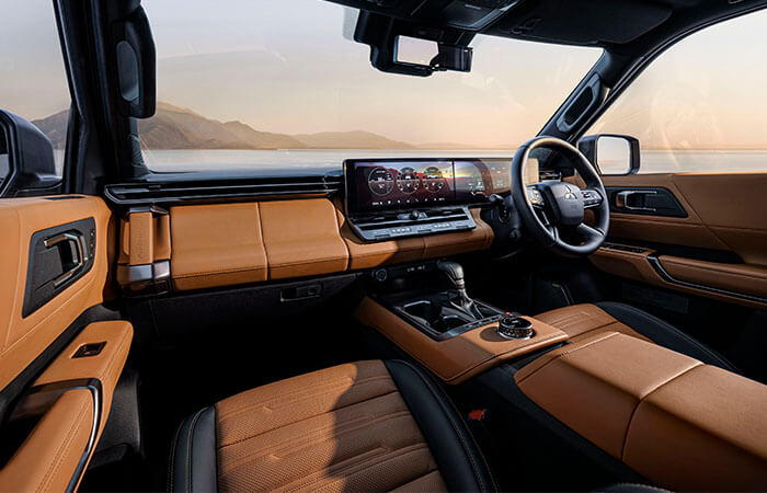 Brown and black upholstery in the cabin of a Mitsubishi